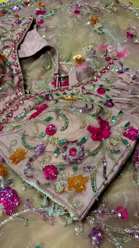 PINK NET SAREE WITH SEQUINS EMBROIDERY AND READYMADE BLOUSE
