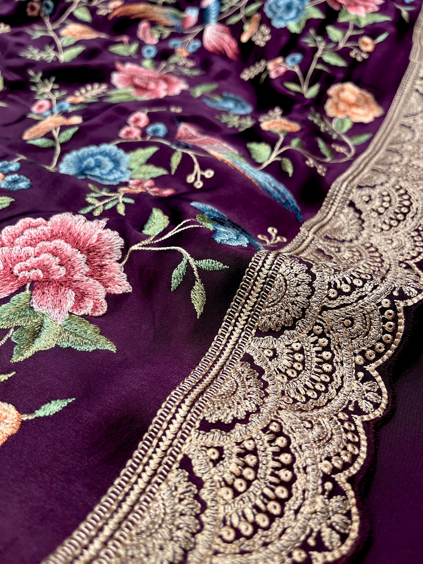 RAISIN PURPLE SATIN SILK PARSI EMBROIDERED SAREE (DELIVERY IN 20 DAYS)