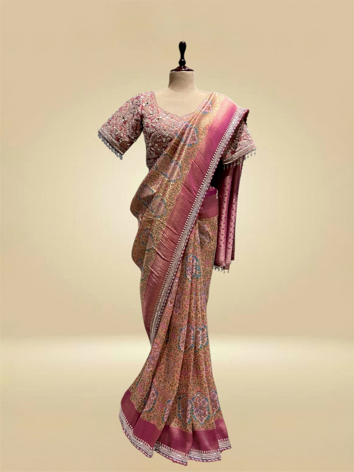 PINK BANARASI BROCADE SAREE WITH READYMADE BLOUSE EMBELLISHED WITH SEQUINS & ZARDOZI WORK