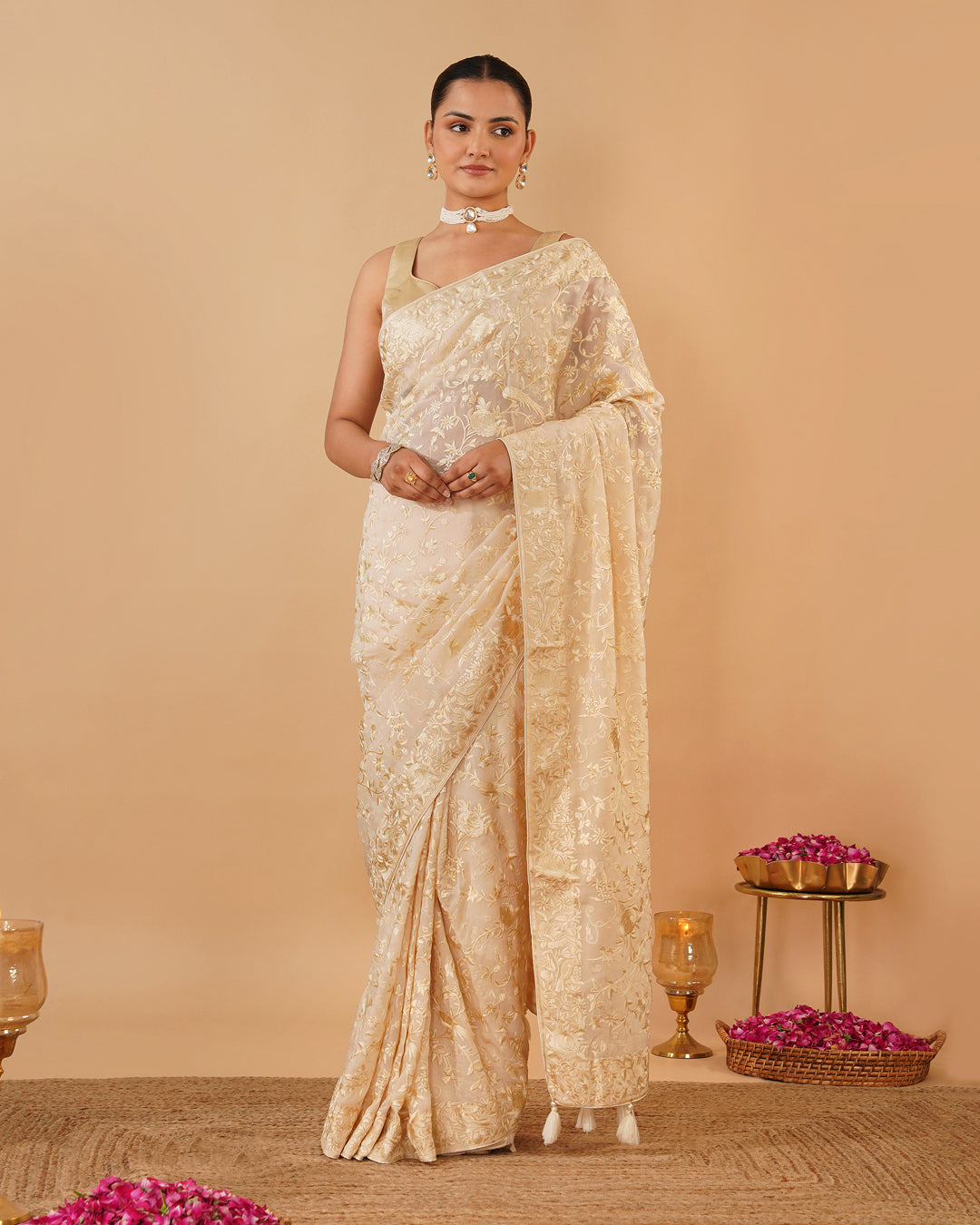 OFF WHITE PARSI (GARA) EMBROIDERED ORGANZA SAREE