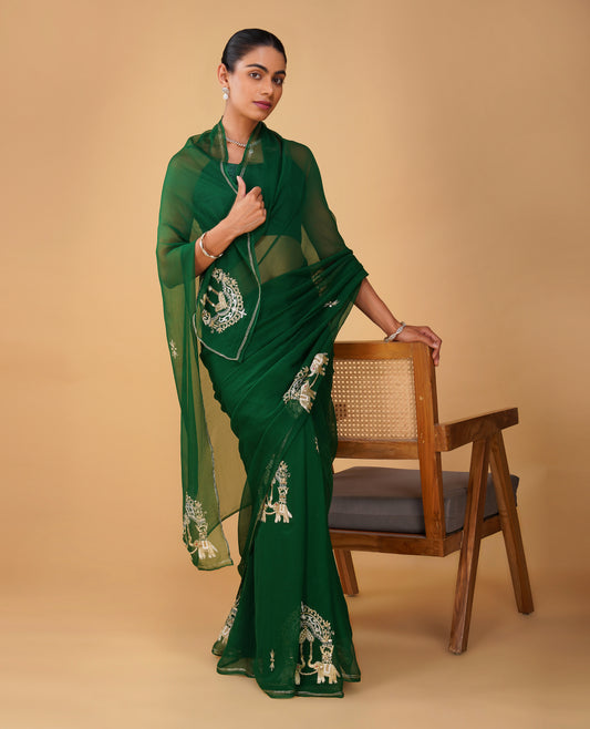 (Deliver in 20 Days) BOTTLE GREEN CHIFFON SAREE WITH AARI WORK & ELEPHANT MOTIFS