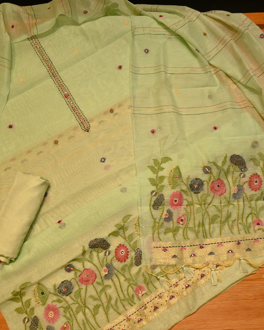 MINT GREEN MUNGA FABRIC UNSTITCHED SUIT WITH RESHAM WEAVE & EMBELLISHED EMBROIDERY