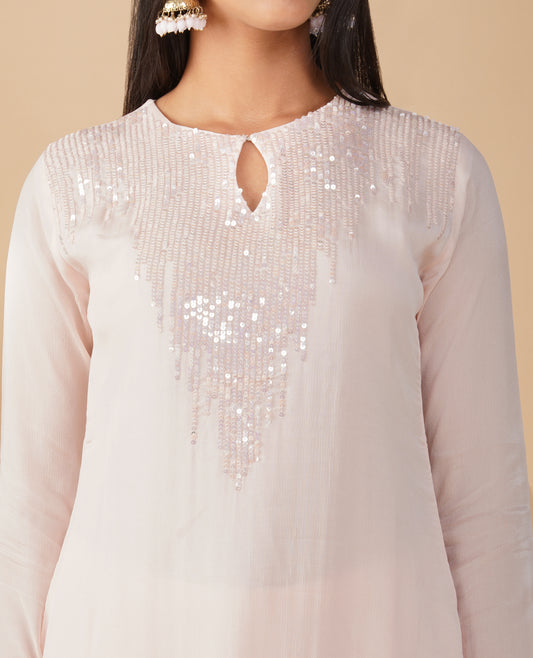 SOFT PINK SEQUINS EMBROIDERED CHINON READYMADE SUIT WITH SHARARA AND DUPATTA (DELIVERY TIME 20 DAYS)