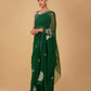 (Deliver in 20 Days) BOTTLE GREEN CHIFFON SAREE WITH AARI WORK & ELEPHANT MOTIFS