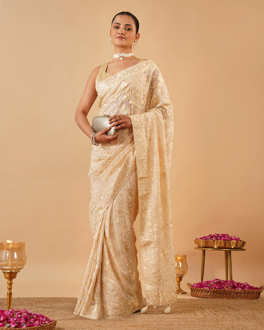 OFF WHITE PARSI (GARA) EMBROIDERED ORGANZA SAREE