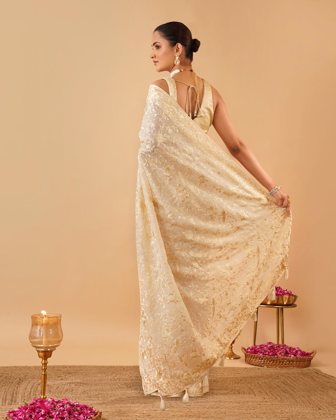 OFF WHITE PARSI (GARA) EMBROIDERED ORGANZA SAREE