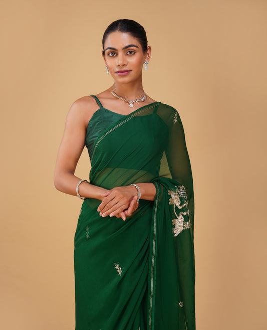 (Deliver in 20 Days) BOTTLE GREEN CHIFFON SAREE WITH AARI WORK & ELEPHANT MOTIFS