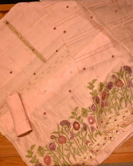 PINK MUNGA FABRIC UNSTITCHED SUIT WITH RESHAM WEAVE & EMBELLISHED EMBROIDERY