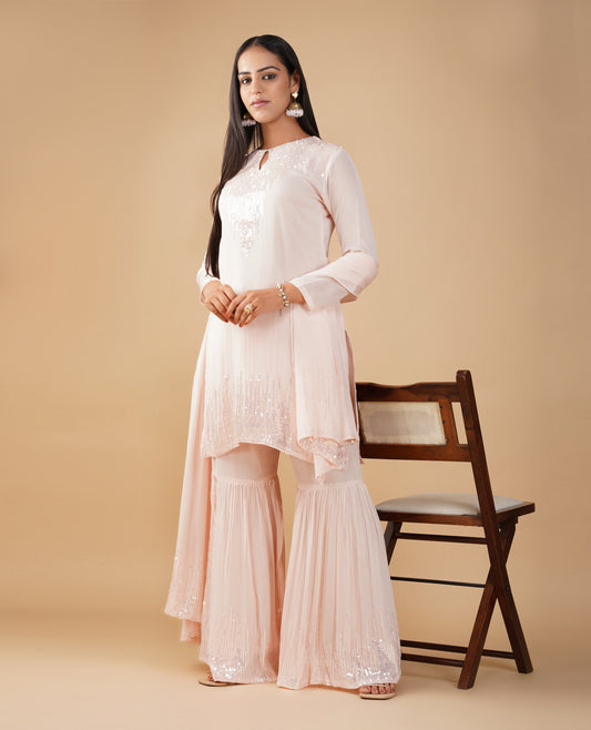 ( DELIVERY TIME 20 DAYS ) SOFT PINK SEQUINS EMBROIDERED CHINON READYMADE SUIT WITH SHARARA AND DUPATTA