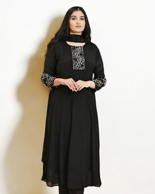 SEQUINS EMBROIDERED BLACK CHINON ANARKALI SUIT WITH PANTS AND DUPATTA