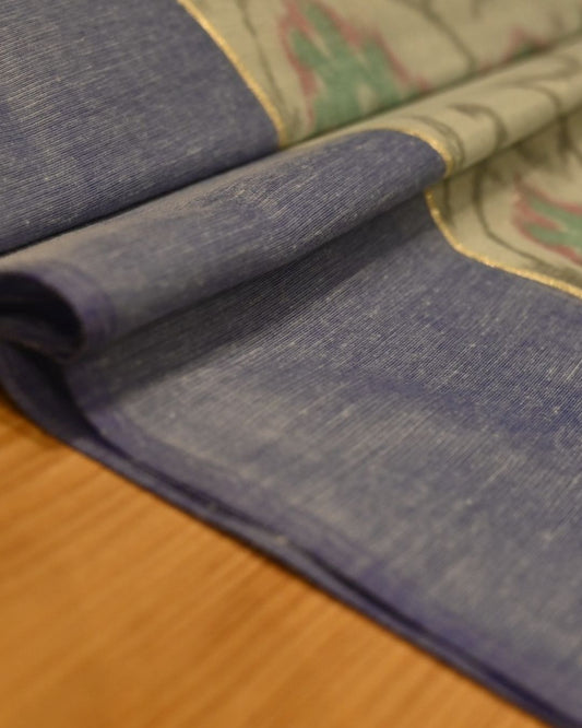 DUSTY AQUA BLUE COLOUR POWERLOOM CHANDERI SAREE WITH IKAT WEAVE PATTERN AND CONTRAST BORDER