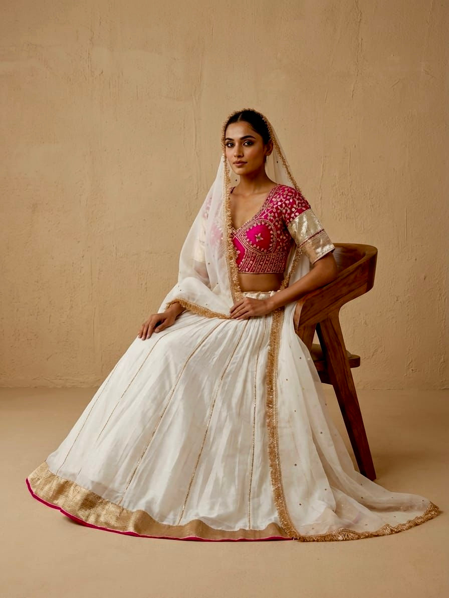 WHITE COLOUR CREPE SILK LEHENGA WITH CONTRAST READYMADE BLOUSE & ORGANZA DUPATTA EMBELLISHED WITH GOTA PATTI WORK