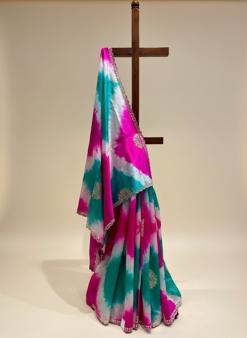 PURE SILK TIE-DYE SAREE WITH READYMDE BLOUSE EMBELLISHED WITH GOTA PATTI WORK - Kothari Sons