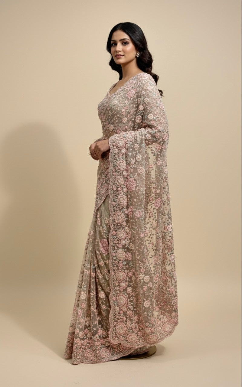 PASTEL NET EMBROIDERED SAREE WITH READYMADE BLOUSE EMBELLISHED WITH RESHAM, CUTDANA & PEARL WORK