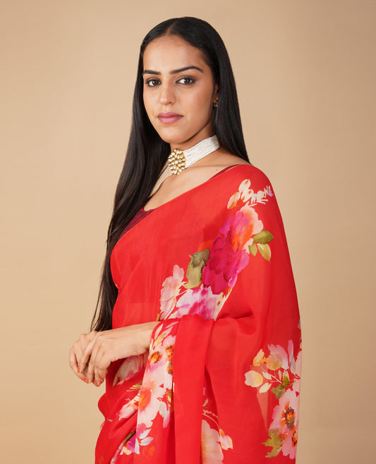 BRIGHT RED PRINTED (30 GRAMS PURE CHINON) SAREE