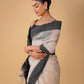 OFF-WHITE/SILVER MAHESHWARI SAREE WITH BLACK RESHAM BORDER, JAMDANI PALLA & CONTRAST BLACK BLOUSE