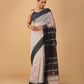 OFF-WHITE/SILVER MAHESHWARI SAREE WITH BLACK RESHAM BORDER, JAMDANI PALLA & CONTRAST BLACK BLOUSE