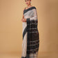 OFF-WHITE/SILVER MAHESHWARI SAREE WITH BLACK RESHAM BORDER, JAMDANI PALLA & CONTRAST BLACK BLOUSE