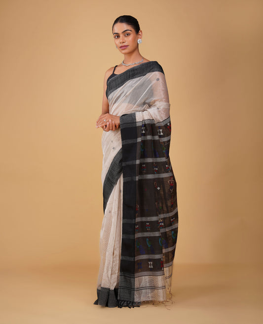OFF-WHITE/SILVER MAHESHWARI SAREE WITH BLACK RESHAM BORDER, JAMDANI PALLA & CONTRAST BLACK BLOUSE