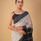 OFF-WHITE/SILVER MAHESHWARI SAREE WITH BLACK RESHAM BORDER, JAMDANI PALLA & CONTRAST BLACK BLOUSE
