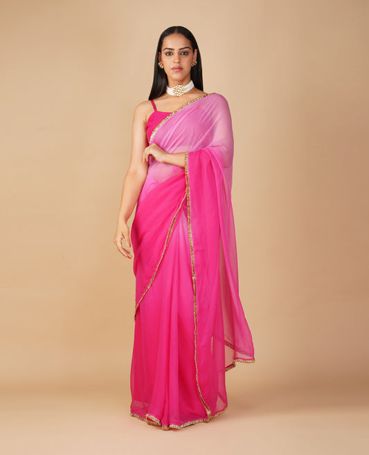 HOT PINK & TAFFY COLOUR SHADED CHIFFON SAREE WITH GOLDEN FRINGE LACE BORDER