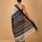 OFF-WHITE/SILVER MAHESHWARI SAREE WITH BLACK RESHAM BORDER, JAMDANI PALLA & CONTRAST BLACK BLOUSE