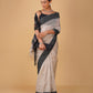 OFF-WHITE/SILVER MAHESHWARI SAREE WITH BLACK RESHAM BORDER, JAMDANI PALLA & CONTRAST BLACK BLOUSE