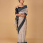 OFF-WHITE/SILVER MAHESHWARI SAREE WITH BLACK RESHAM BORDER, JAMDANI PALLA & CONTRAST BLACK BLOUSE
