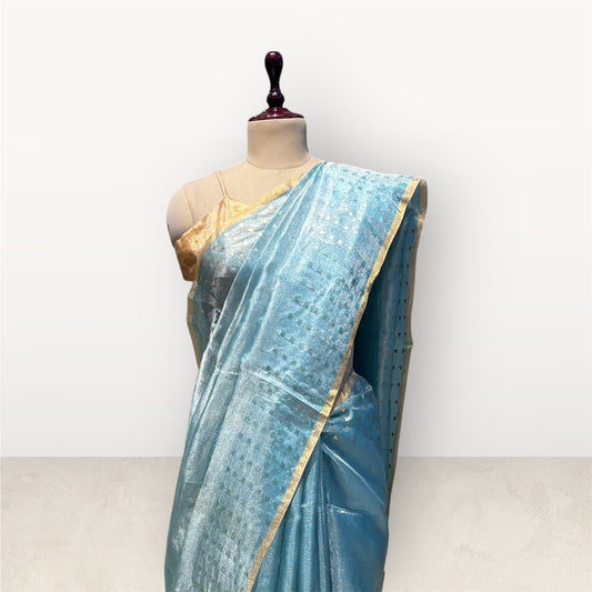 AQUA COLOUR SOFT TISSUE SAREE WITH SEQUINS IN THE WEAVE