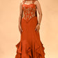 RUST-ORANGE EMBROIDERED CORSET TOP & FISH-CUT RUFFLED SKIRT SET
