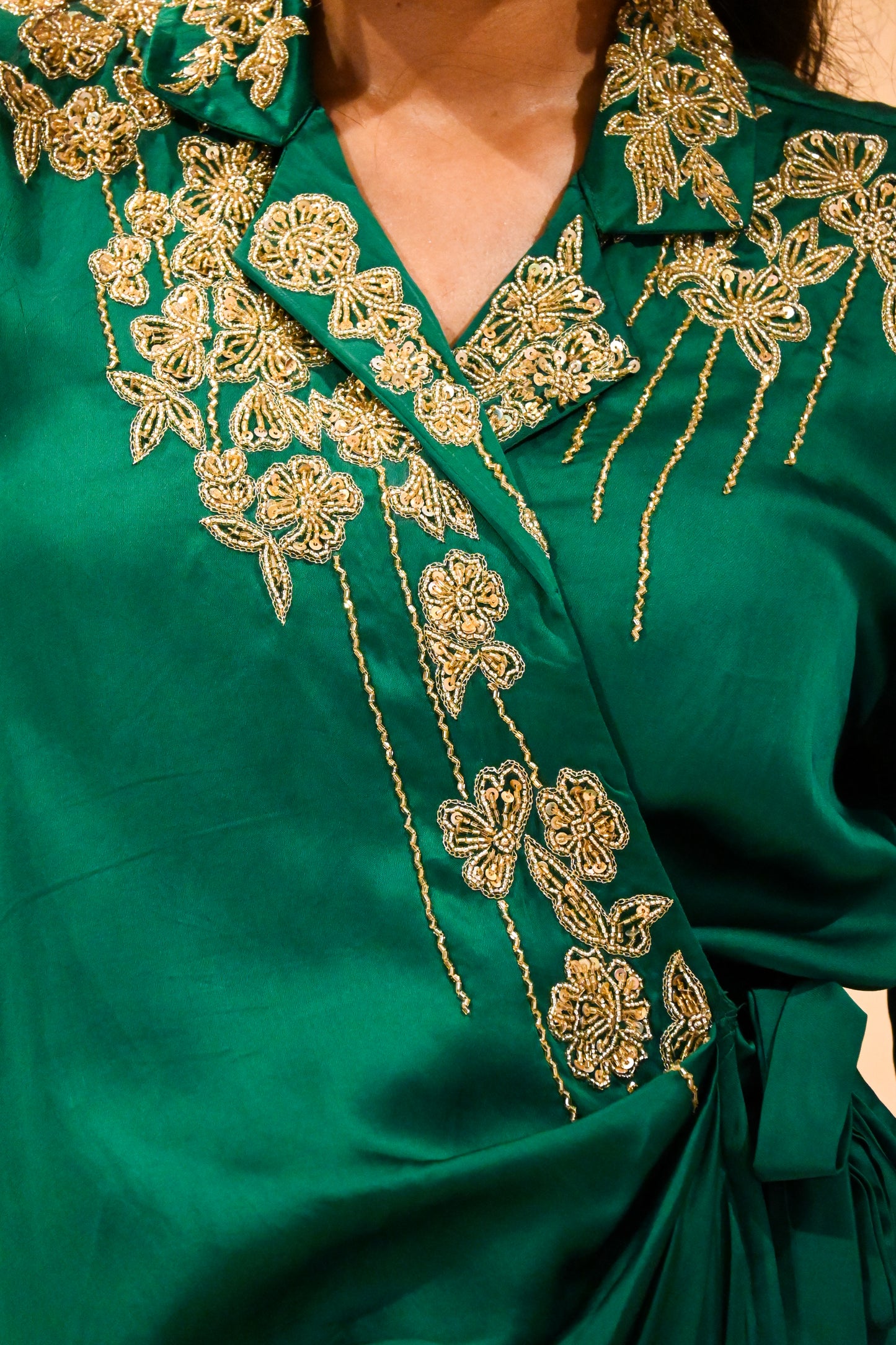 EMERALD GREEN SATIN DRESS WITH ZARDOZI EMBROIDERY