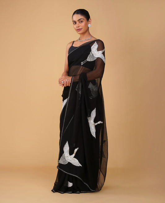 (Deliver in 15 days) BLACK CHIFFON SAREE WITH SEQUINS, AARI & CUTDANA EMBROIDERED BIRD MOTIFS