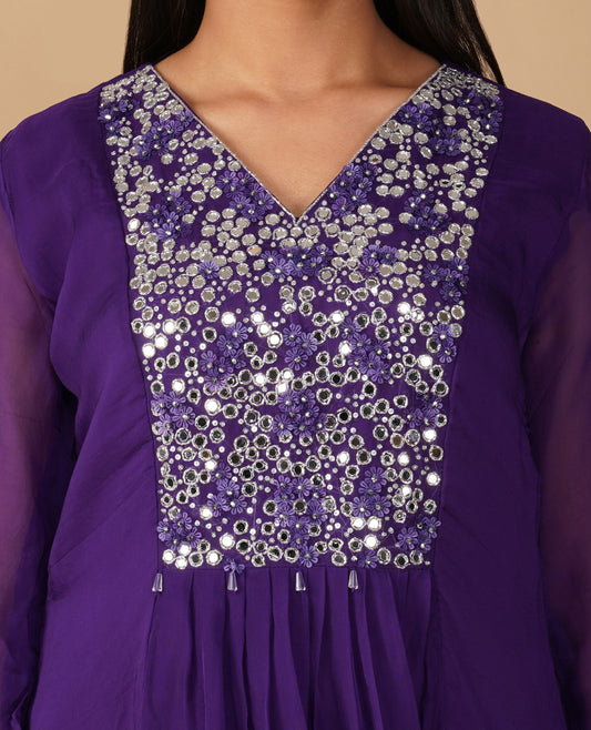( DELIVERY TIME 20 DAYS ) DEEP VIOLET MIRROR WORK ORGANZA READYMADE SUIT WITH PALAZZO AND DUPATTA