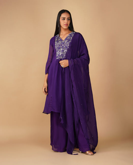 ( DELIVERY TIME 20 DAYS ) DEEP VIOLET MIRROR WORK ORGANZA READYMADE SUIT WITH PALAZZO AND DUPATTA