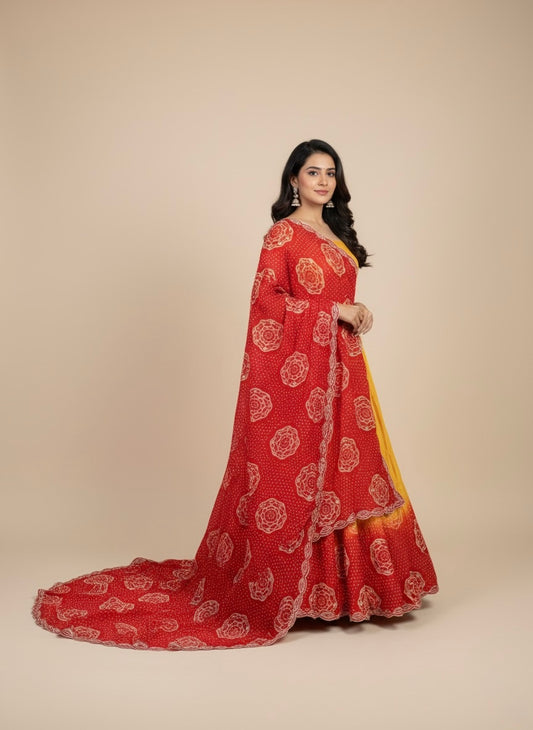 YELLOW–RED SHADED SILK BANDHANI LEHENGA WITH GOTA PATTI WORK