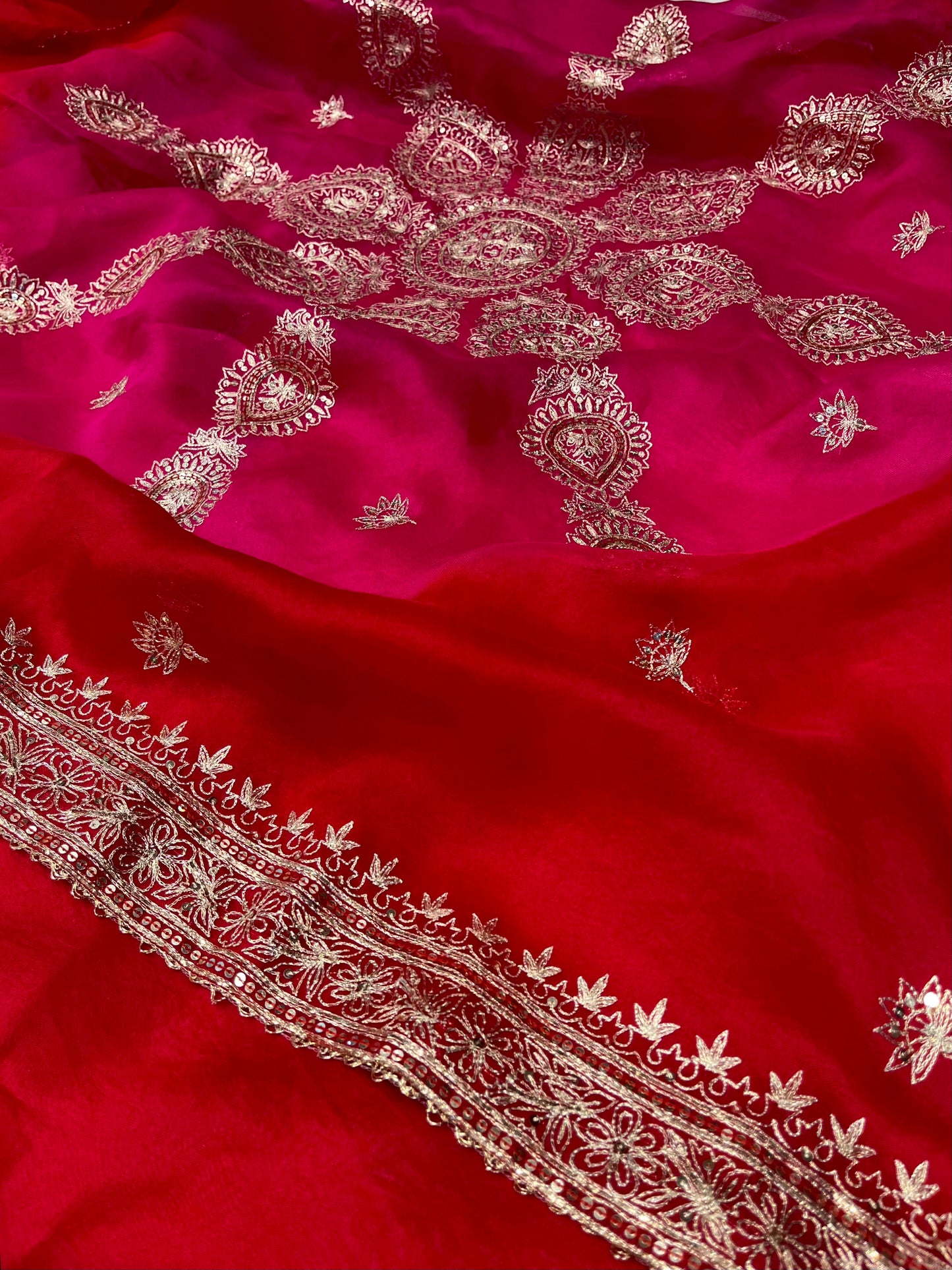 SHADED ORGANZA SAREE EMBELLISHED WITH AARI & SEQUIN WORK, PAIRED WITH A READYMADE BLOUSE