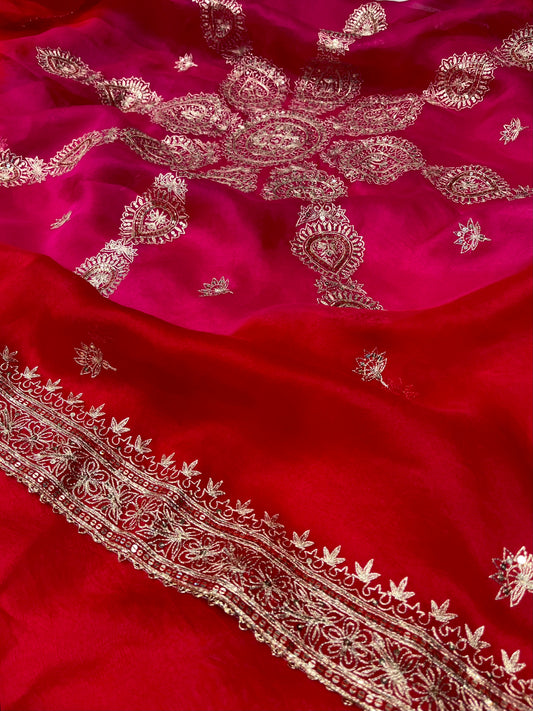 SHADED ORGANZA SAREE EMBELLISHED WITH AARI & SEQUIN WORK, PAIRED WITH A READYMADE BLOUSE