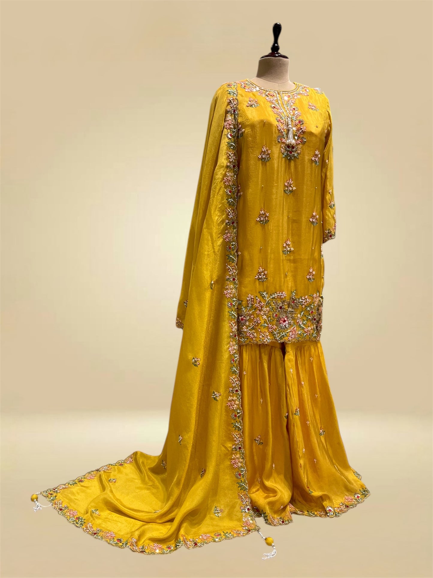 SUNFLOWER YELLOW TISSUE SHARARA SUIT EMBELLISHED WITH BEADS & THREAD WORK (DELIVERY IN 20 DAYS)