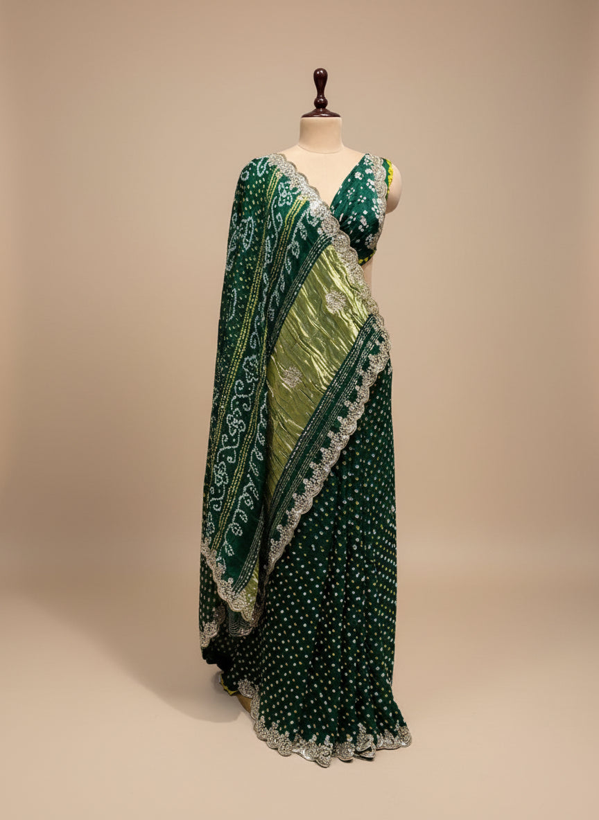 BOTTLE GREEN SATIN SILK BANDHANI SAREE WITH FOIL MIRROR WORK - Kothari Sons