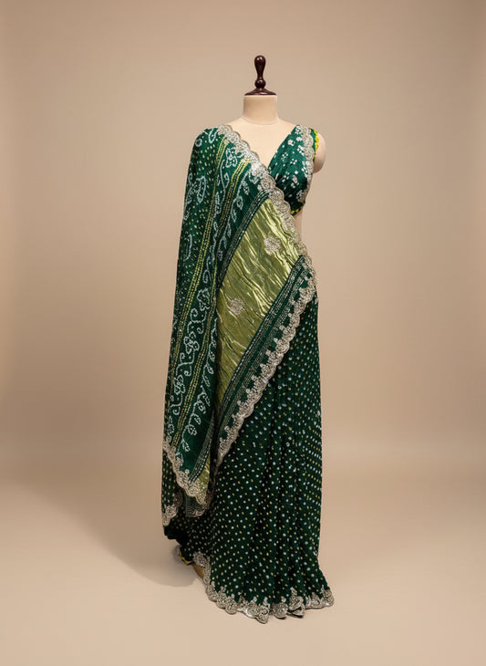 BOTTLE GREEN SATIN SILK BANDHANI SAREE WITH FOIL MIRROR WORK - Kothari Sons