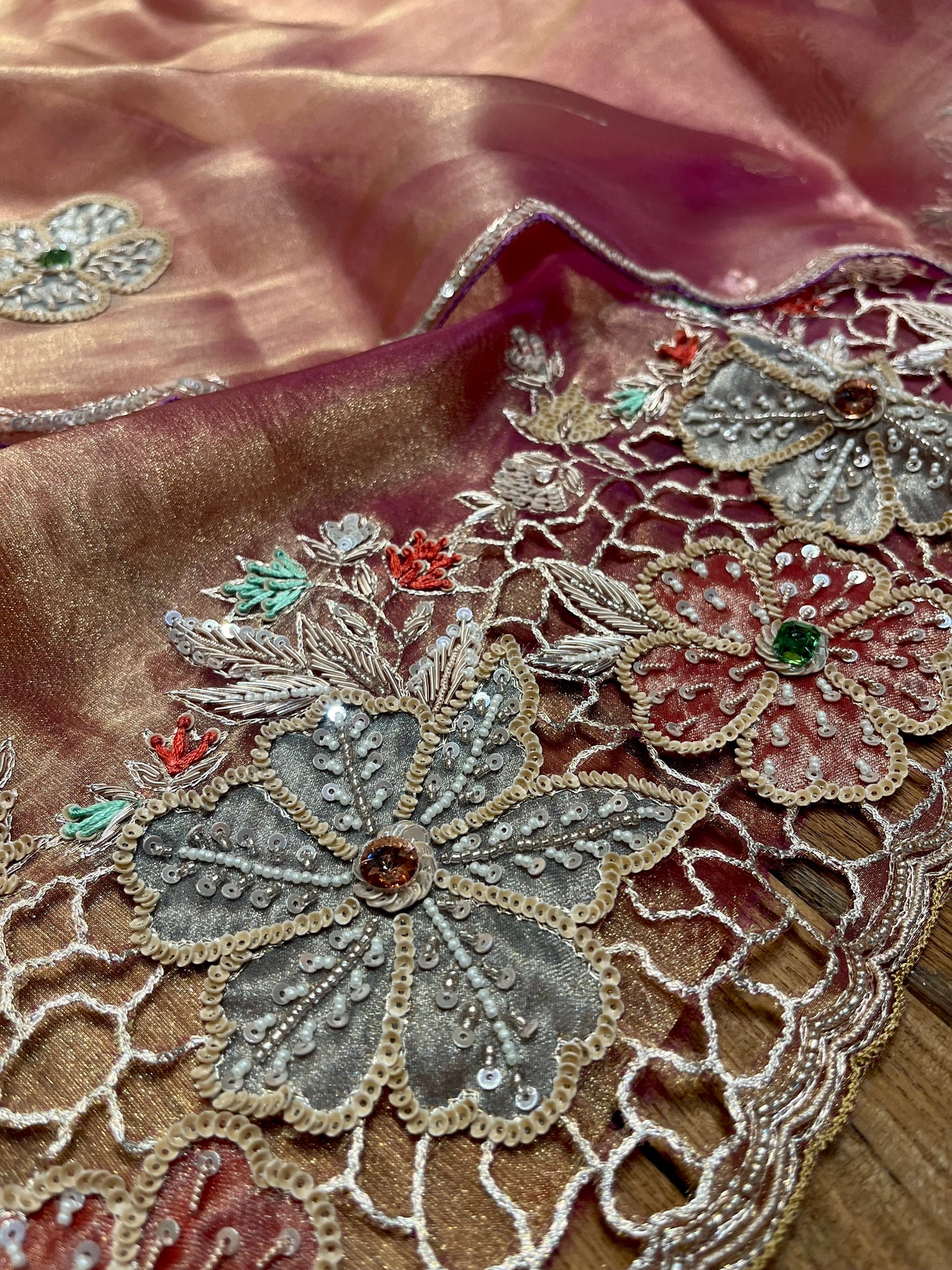 COPPER ROSE GOLD COLOUR TISSUE UNSTITCHED SUIT SET WITH CUTDANA & SEQUINS WORK (DELIVERY IN 20 DAYS)