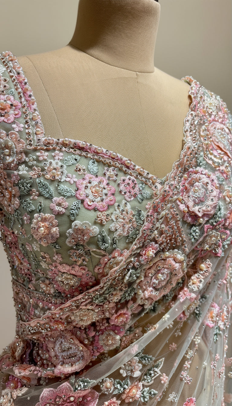 PASTEL NET EMBROIDERED SAREE WITH READYMADE BLOUSE EMBELLISHED WITH RESHAM, CUTDANA & PEARL WORK