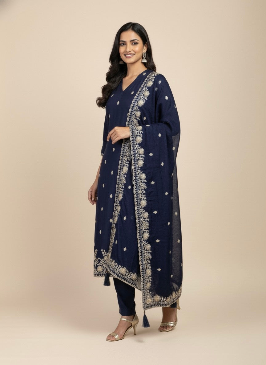 NAVY BLUE PLANT BASED SILK EMBROIDERED UNSTITCHED SUIT