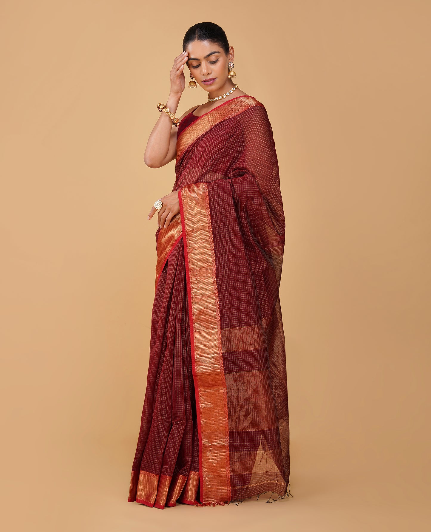 MAROON CHECKS MAHESHWARI SAREE WITH RED CONTRAST BORDER, PALLA & BLOUSE