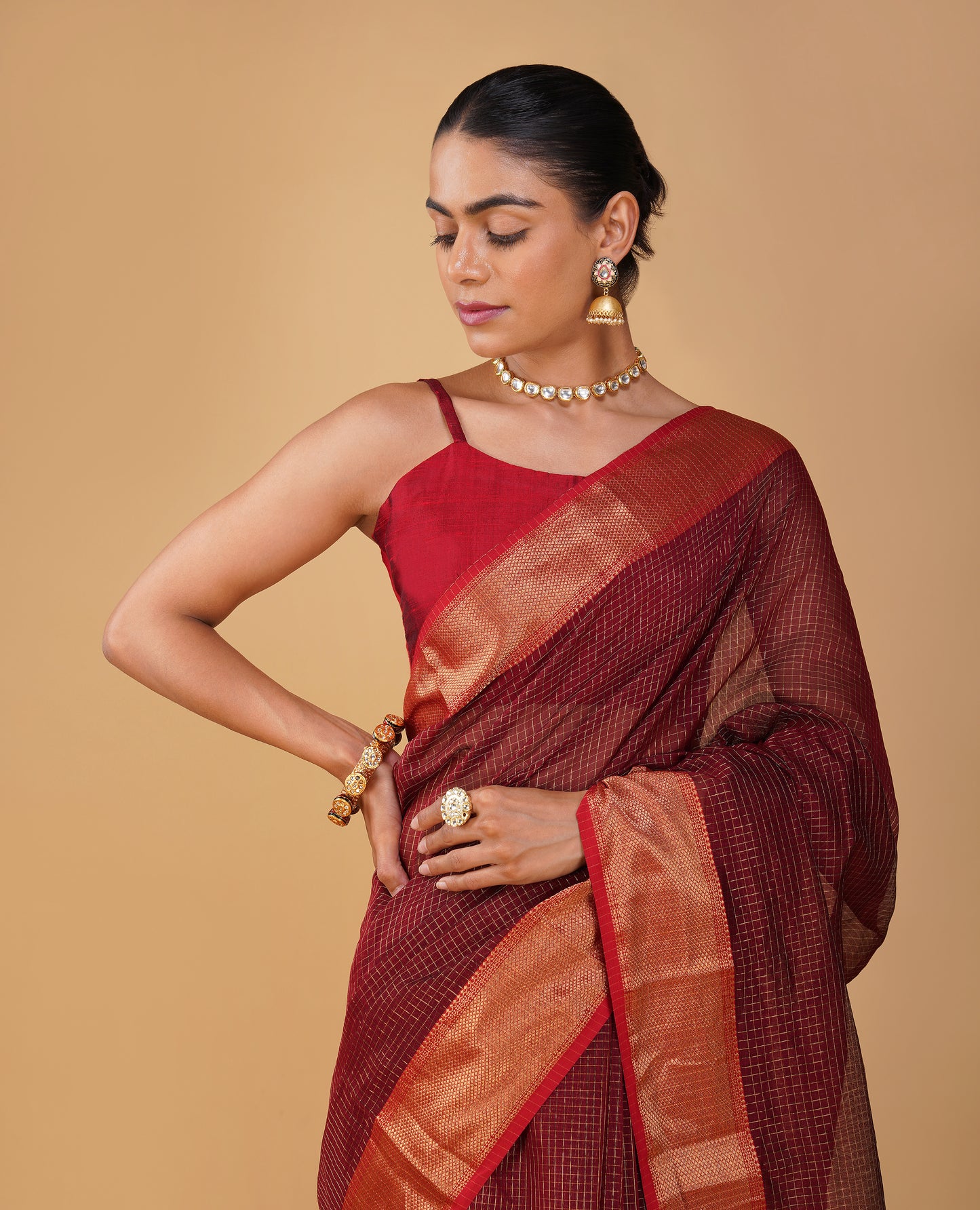 MAROON CHECKS MAHESHWARI SAREE WITH RED CONTRAST BORDER, PALLA & BLOUSE
