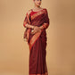 MAROON CHECKS MAHESHWARI SAREE WITH RED CONTRAST BORDER, PALLA & BLOUSE