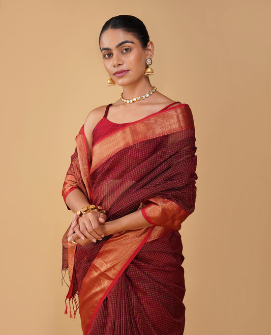 MAROON CHECKS MAHESHWARI SAREE WITH RED CONTRAST BORDER, PALLA & BLOUSE
