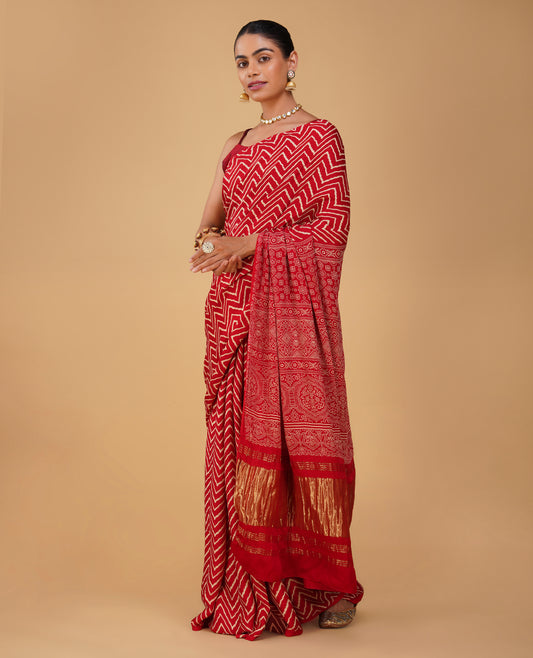 RED MODAL SATIN AJRAKH PRINT SAREE WITH GOLDEN ZARI PALLA & PRINTED BLOUSE