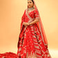 RED BRIDAL WEDDING LEHENGA WITH THREE-PANEL DESIGN, 6-METER FLAIR, DOUBLE DUPATTA, POTLI & EMBROIDERED TASSELS