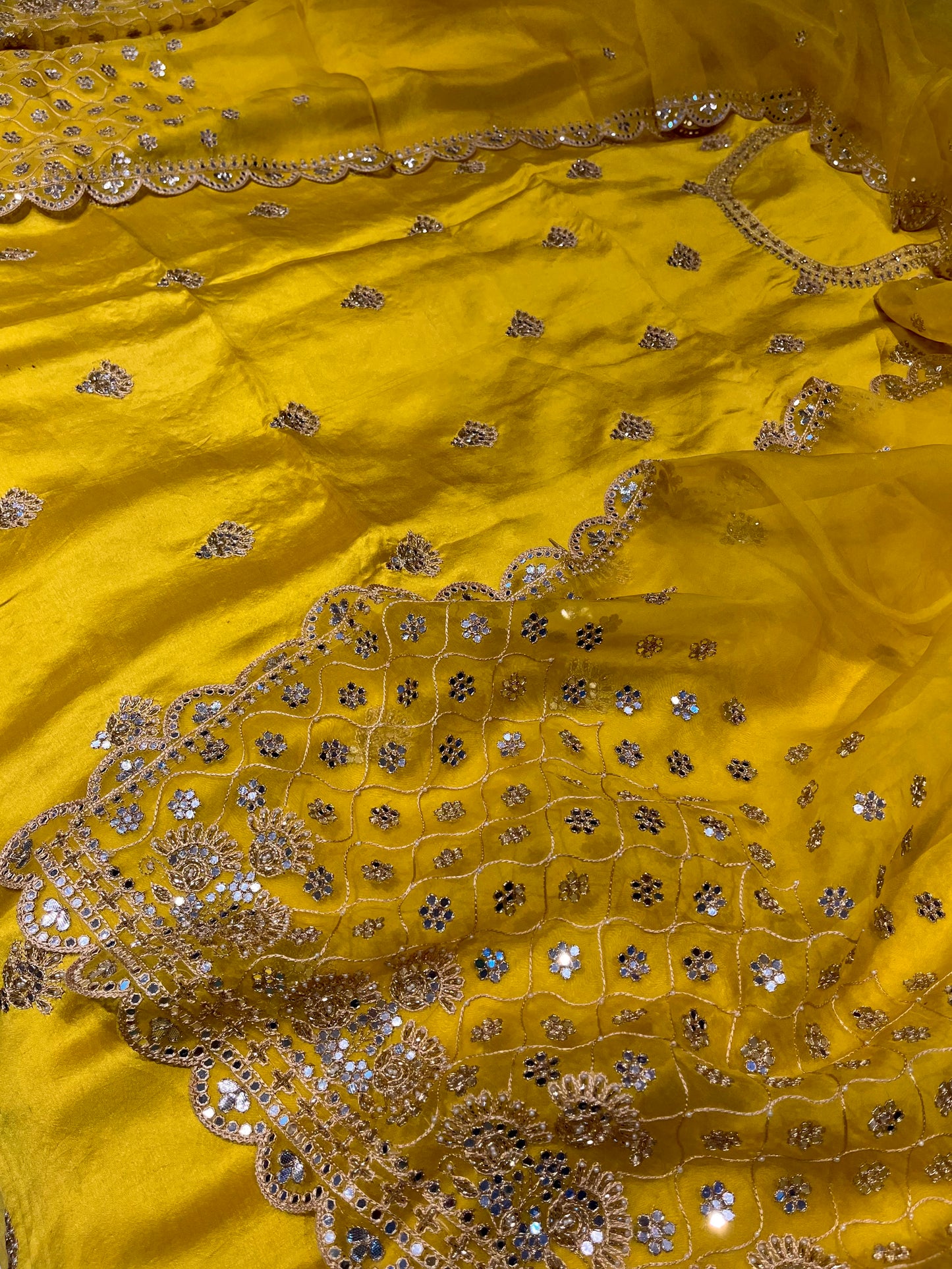 BRIGHT YELLOW PURE SILK MIRROR WORK EMBELLISHED UNSTITCHED SUIT WITH CREPE SILK BOTTOM & ORGANZA DUPATTA